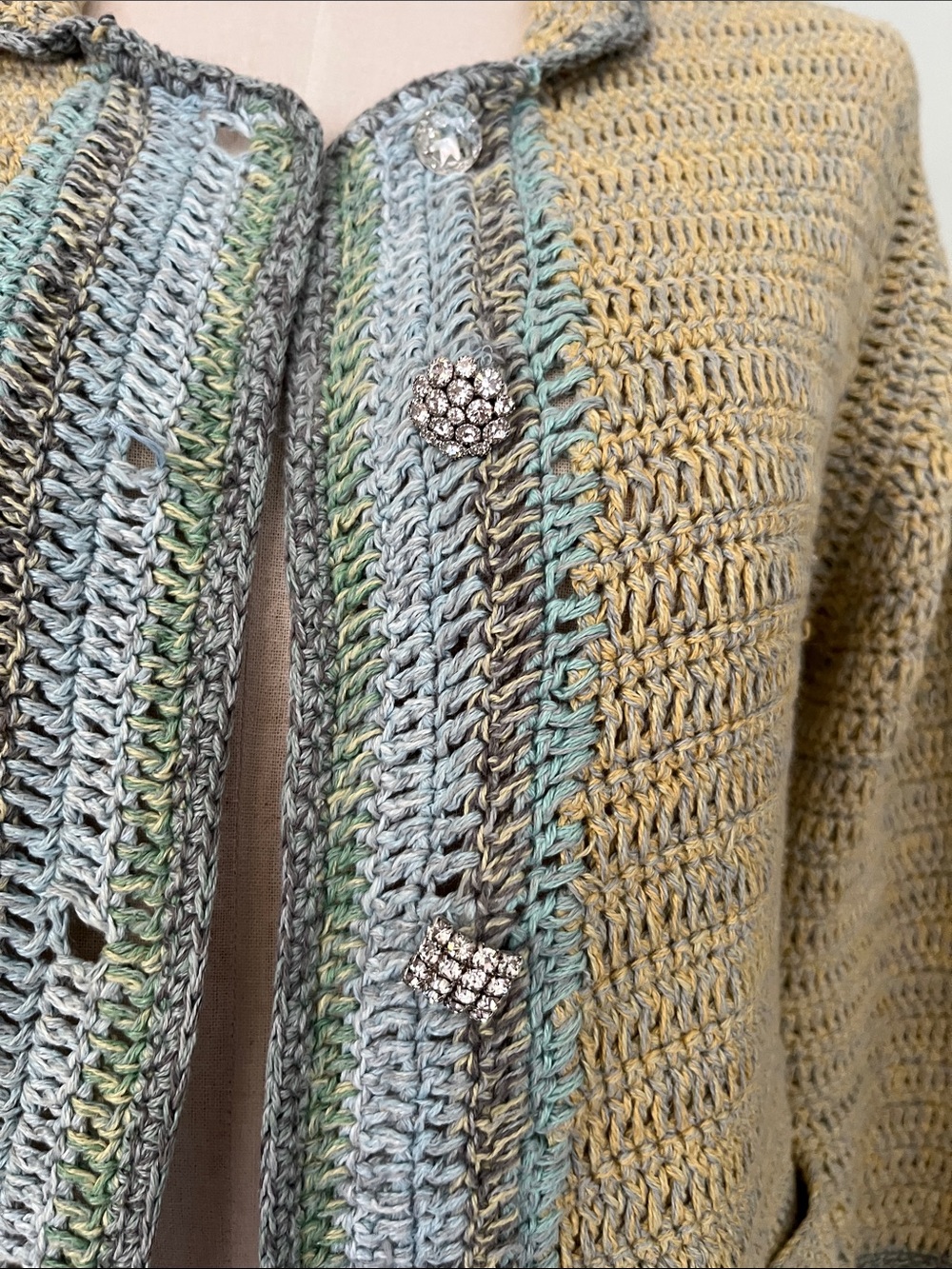 J.Jill Vintage Light Olive Crochet Open-Front Cardigan with Seafoam Trim - Picture 3 of 9